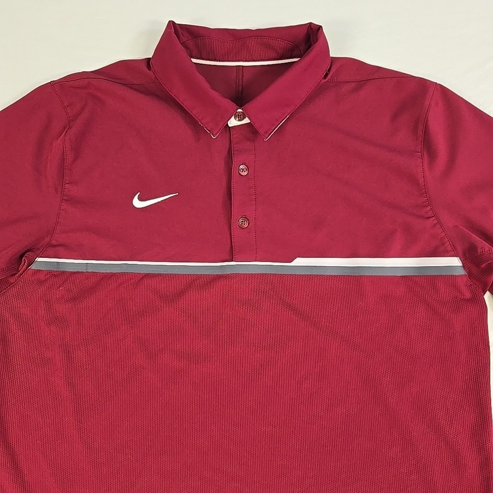 Nike Dri Fit Performance Golf Polo Mens Medium Maroon Gray Stripes Logo Tennis - Picture 3 of 12